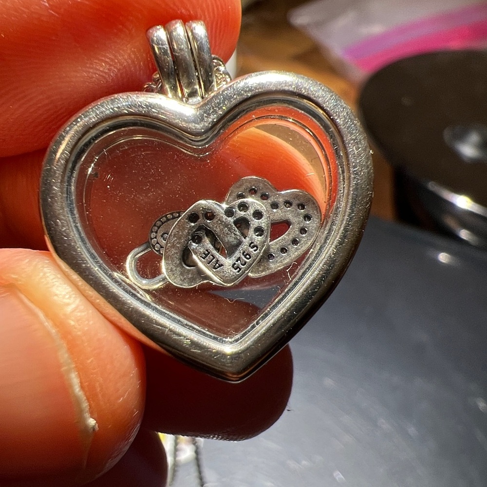 Pandora Silver Heart Locket Necklace with Clear Center